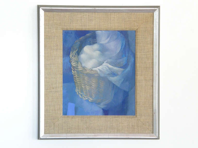 Painting on board of an atmospheric still life of eggs in a cloth draped basket by Chicago artist Stanley Mitruk titled 