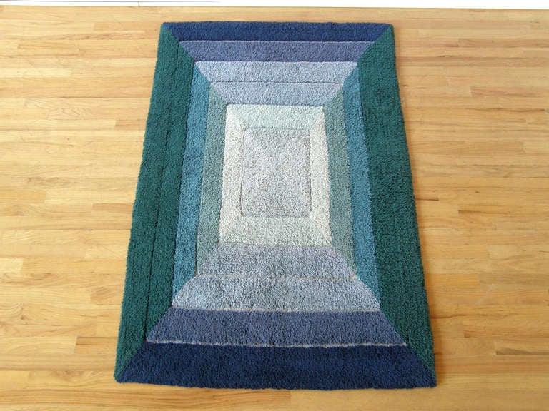 Space Age Small Geometric Op Art Rug with Graduated Rectangles Design in Blue and Green