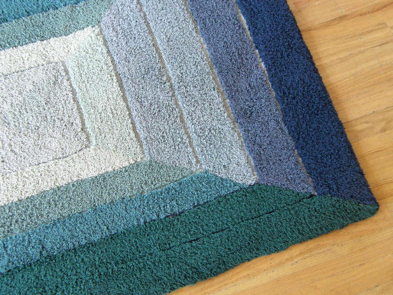 Small Geometric Op Art Rug with Graduated Rectangles Design in Blue and Green In Good Condition In Chicago, IL