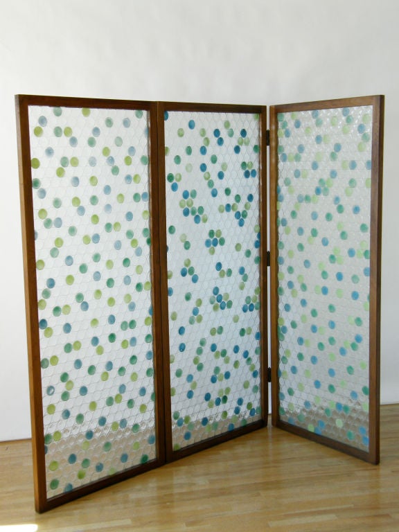 Mid-Century Modern Three Panel Walnut Frame Screen with Circles Pattern Molded Glass Painted Dots