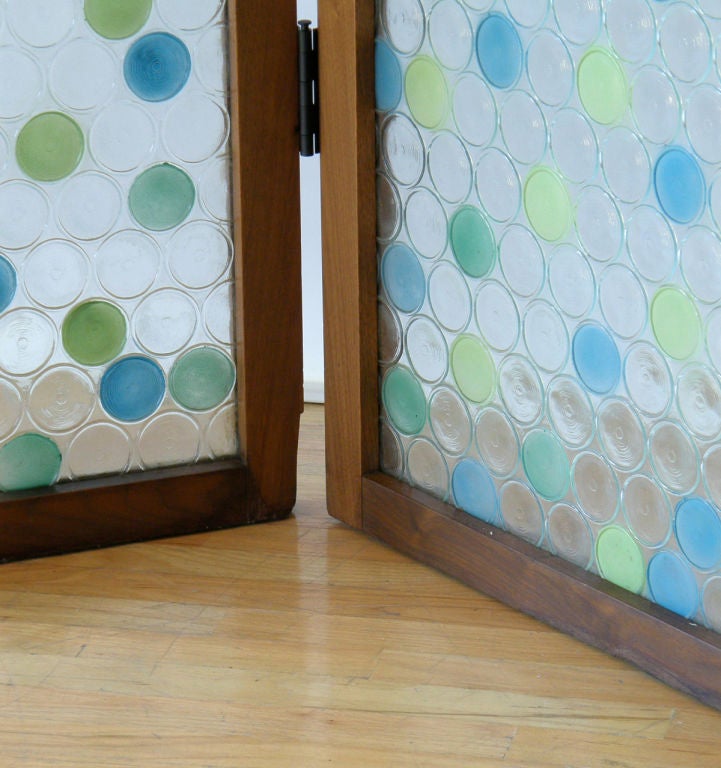 20th Century Three Panel Walnut Frame Screen with Circles Pattern Molded Glass Painted Dots