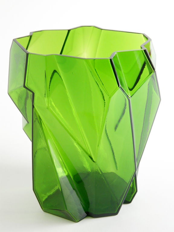 Ruba Rombic cubist vase, designed by Reuben Haley for the Consolidated Lamp and Glass Company. Made for only four years Ruba Rombic is recognized as one of the best lines of American modernist glassware. Its name is said to derive from two words.