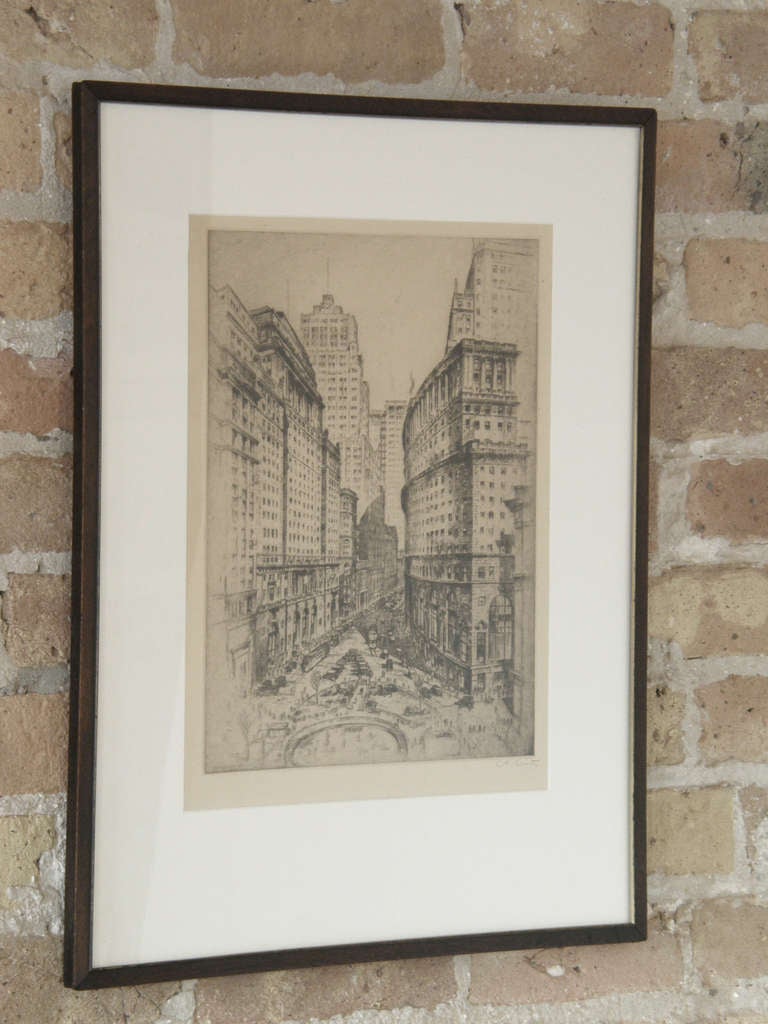 This signed etching of Bowling Green Park was done by Anton Schutz. It is dated 1927. It depicts a bustling scene in the Financial District of Lower Manhattan in the boom years before the big stock market crash of 1929.

Please contact us if you