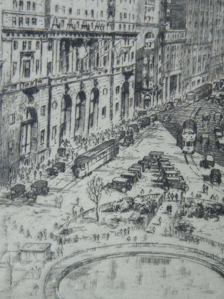 American 1927 Etching of Bowling Green Park New York by Anton Schutz For Sale