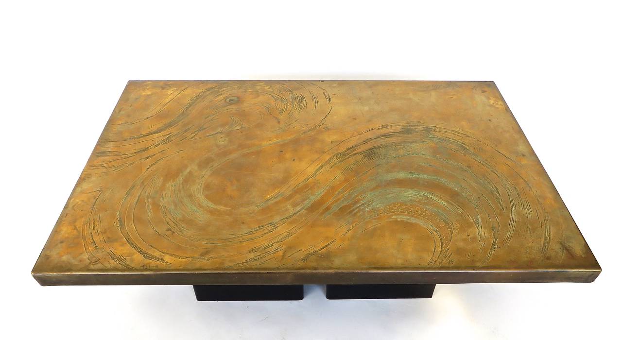 Mid-Century Modern Belgian Etched Brass Coffee Table with Cloud or Wave Pattern Signed circa 1970
