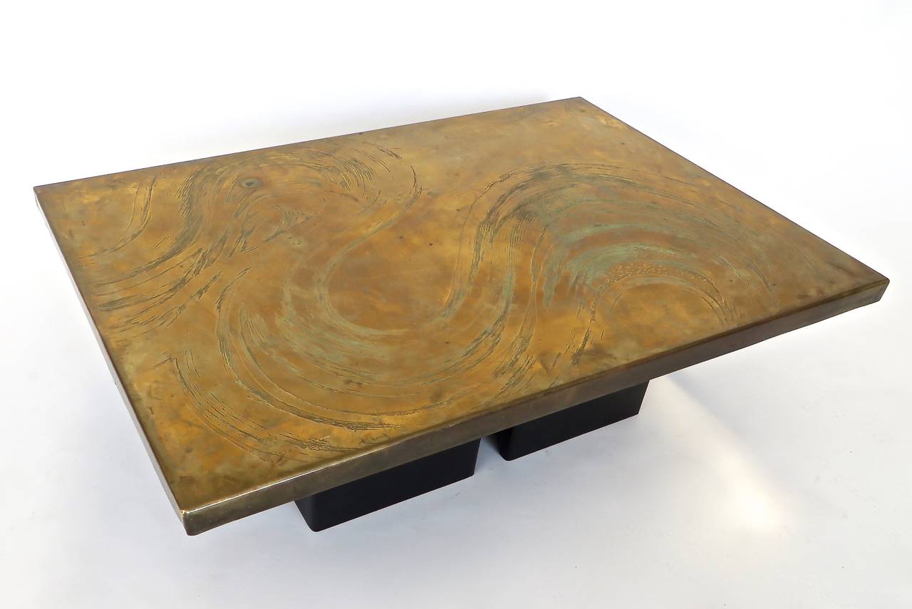 Late 20th Century Belgian Etched Brass Coffee Table with Cloud or Wave Pattern Signed circa 1970