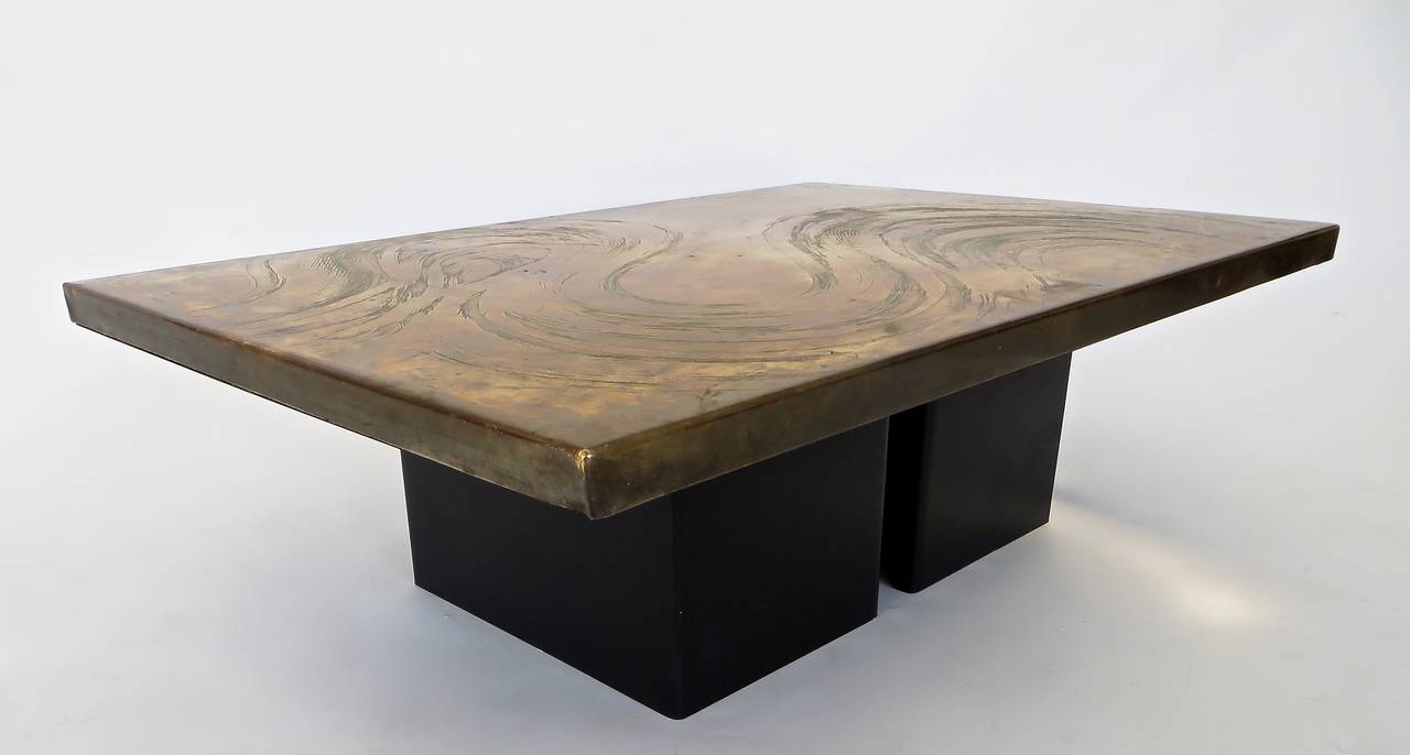 Belgian Etched Brass Coffee Table with Cloud or Wave Pattern Signed circa 1970 In Excellent Condition In Chicago, IL