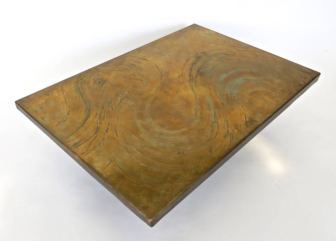 Belgian Etched Brass Coffee Table with Cloud or Wave Pattern Signed circa 1970 5