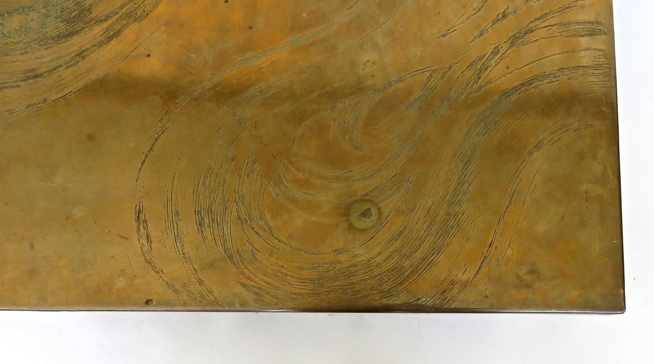 Belgian Etched Brass Coffee Table with Cloud or Wave Pattern Signed circa 1970 3