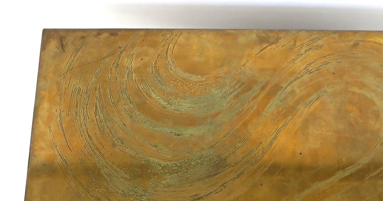 Belgian Etched Brass Coffee Table with Cloud or Wave Pattern Signed circa 1970 2