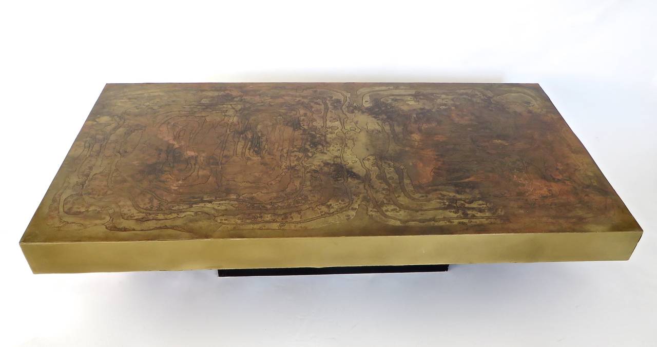 Mid-Century Modern Belgian Coffee Table with Etched Raised Brass and Patinated Top circa 1970