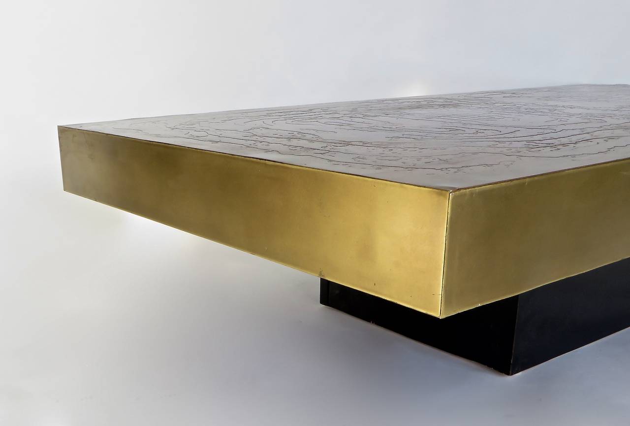 Late 20th Century Belgian Coffee Table with Etched Raised Brass and Patinated Top circa 1970