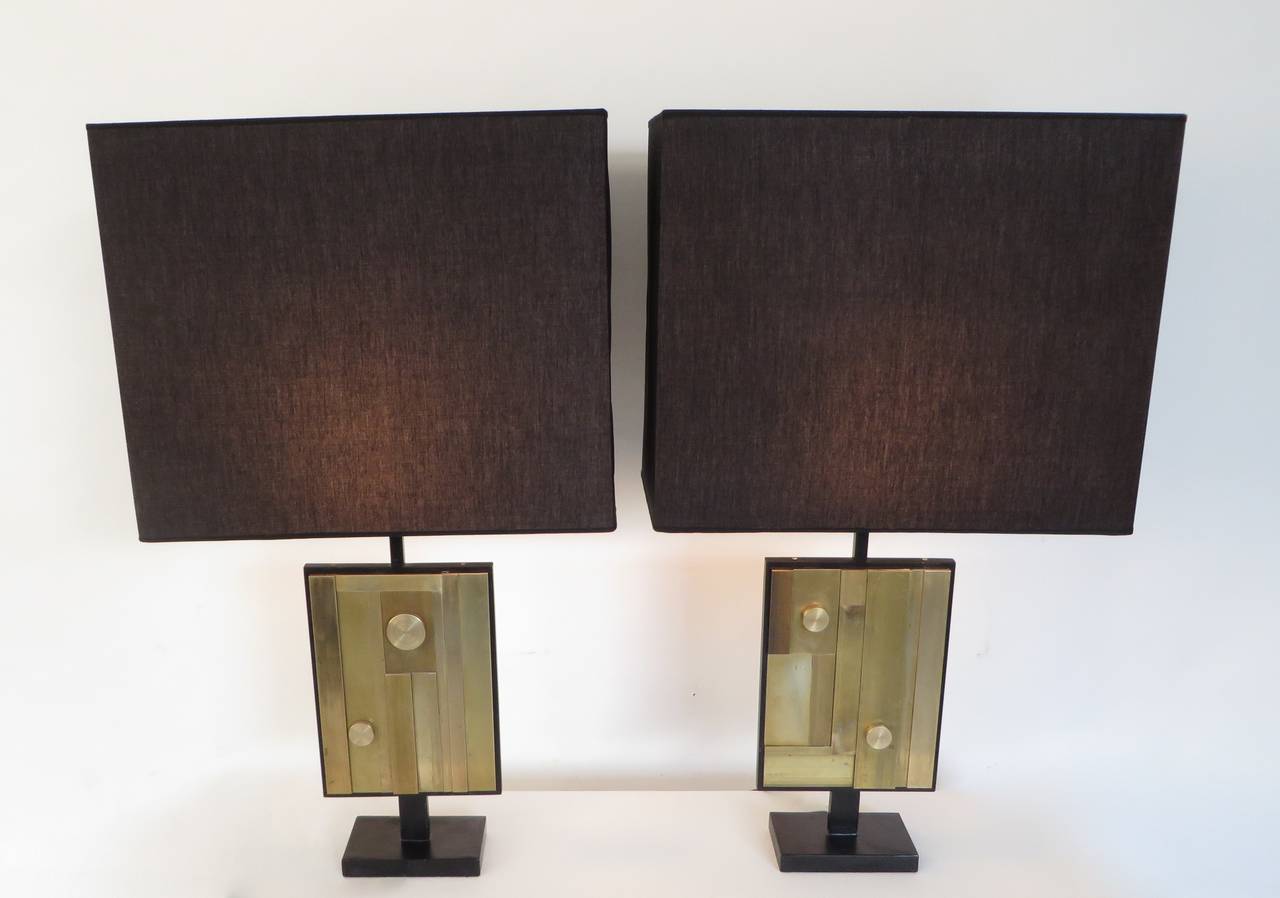 Pair of Monumental Italian Industrial Brass Cubist Composition Table Lamps 5