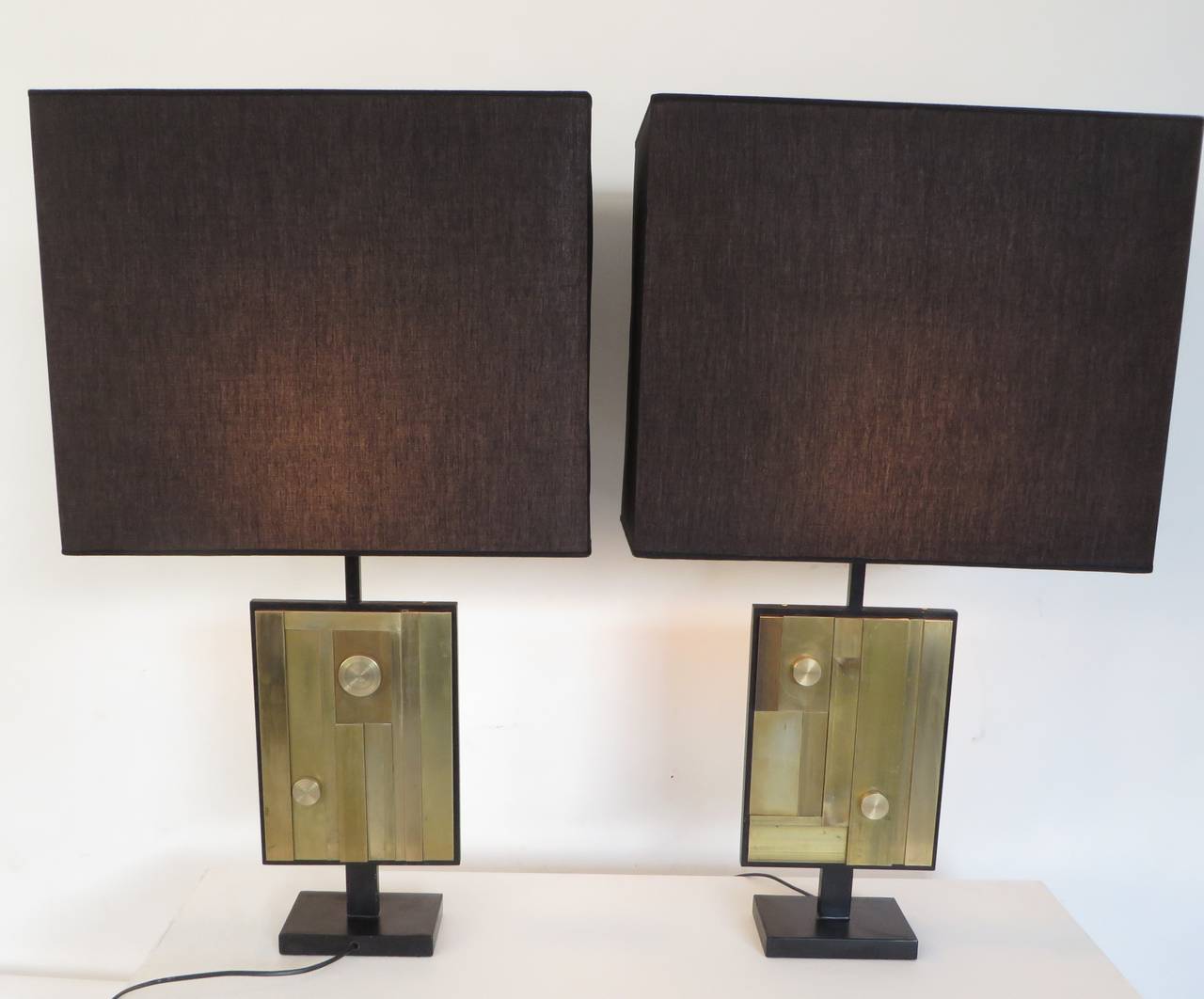 Pair of Monumental Italian Industrial Brass Cubist Composition Table Lamps 4