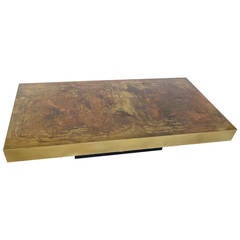 Belgian Coffee Table with Etched Raised Brass and Patinated Top circa 1970