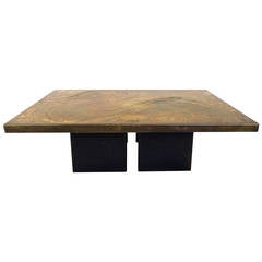 Belgian Etched Brass Coffee Table with Cloud or Wave Pattern Signed circa 1970 12