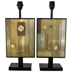 Pair of Monumental Italian Industrial Brass Cubist Composition Table Lamps