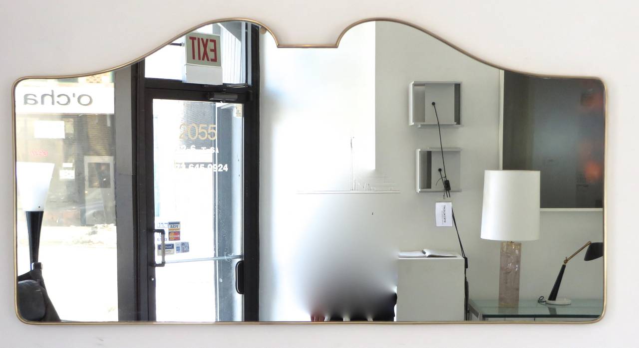 Italian Brass Framed Mirror with Double-Curve Topcoat In Excellent Condition In Chicago, IL