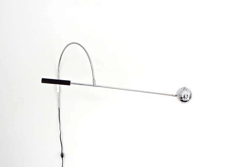 Robert Sonneman Orbiter model wall lamp. Classic infinite adjust position, chrome ball shade, chrome swing arm, adjustable height reading, nicely counter balanced.