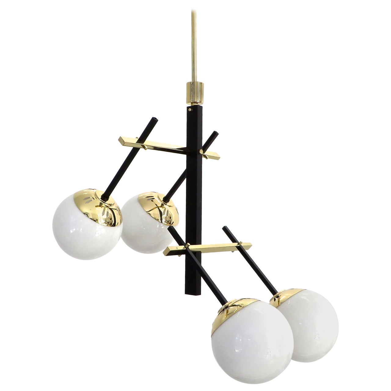 Italian Black Lacquered Brass and Glass Globe Chandelier by Stilnovo