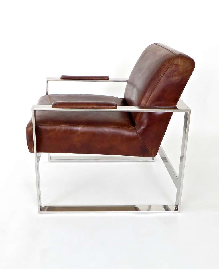 Mid-Century Modern Tobacco Brown Leather and Nickel Chrome French Lounge Chairs c 1970