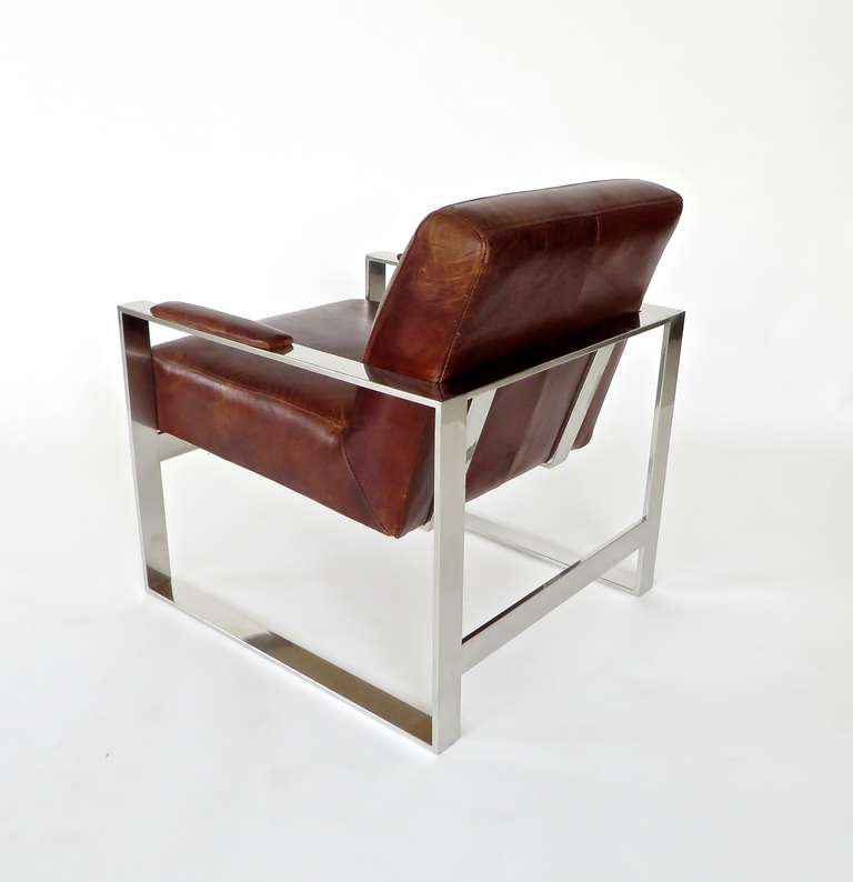 Tobacco Brown Leather and Nickel Chrome French Lounge Chairs c 1970 In Excellent Condition In Chicago, IL