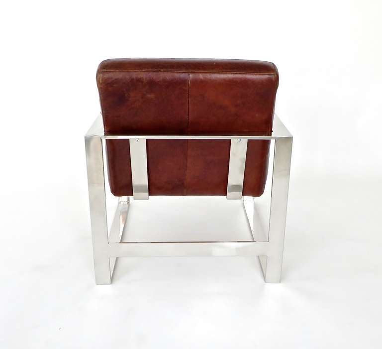 Late 20th Century Tobacco Brown Leather and Nickel Chrome French Lounge Chairs c 1970