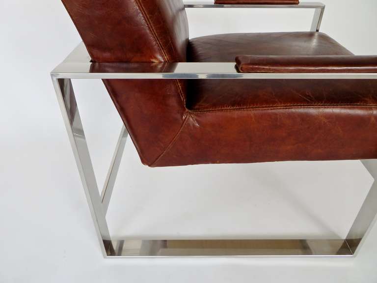 Tobacco Brown Leather and Nickel Chrome French Lounge Chairs c 1970 1
