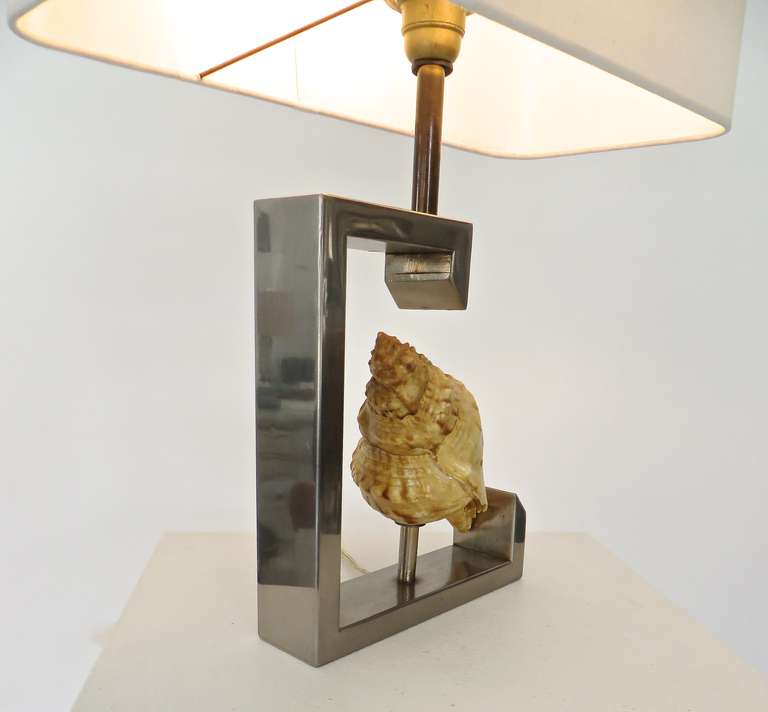 Lampe de bureau française avec un véritable coquillage entouré d'un cadre en nickel chromé en vente 2