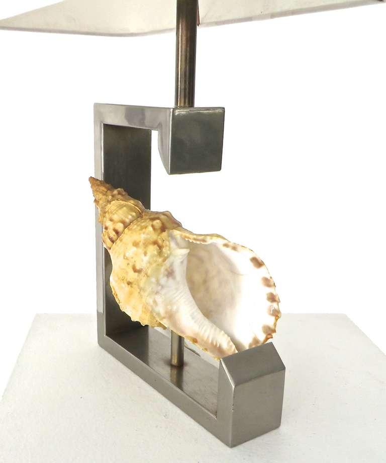 Stainless Steel French Table Lamp with Real Seashell Surrounded by Nickel Chrome Frame For Sale