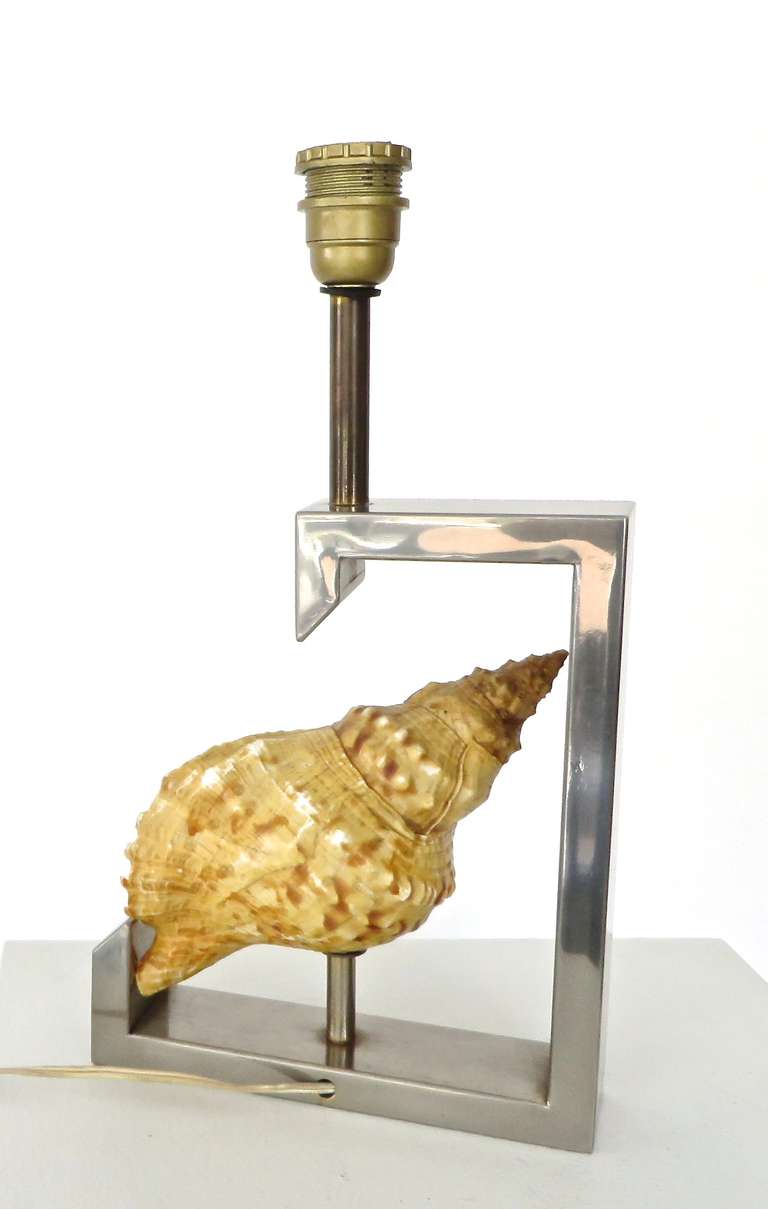 French Table Lamp with Real Seashell Surrounded by Nickel Chrome Frame For Sale 1