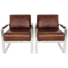 Tobacco Brown Leather and Nickel Chrome French Lounge Chairs c 1970