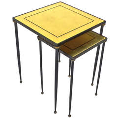 French Gilded and Black Iron Nesting Tables by Marcel Dolt c1940