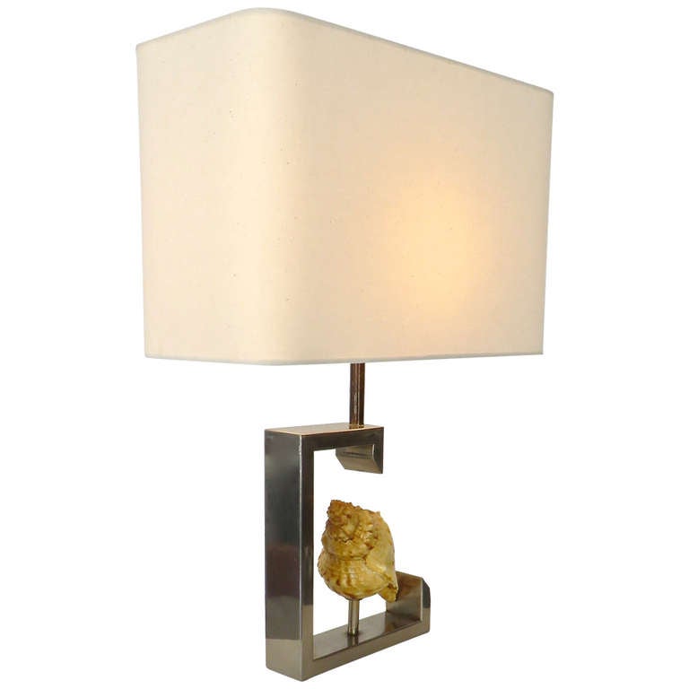 A French Table Lamp With Real Seas Surrounded By Nickel Chrome A French Table Lamp With Real Seas Surrounded By Nickel Chrome Frame C 1970 For