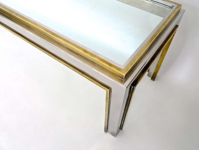 French Extremely Long Low Coffee Table in Brass and Chrome by Jean