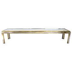 French Extremely Long Low Coffee Table in Brass and Chrome by Jean Charles