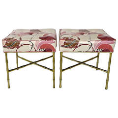 Pair of French Stools or Ottomans in Faux Brass Bamboo by Bagues