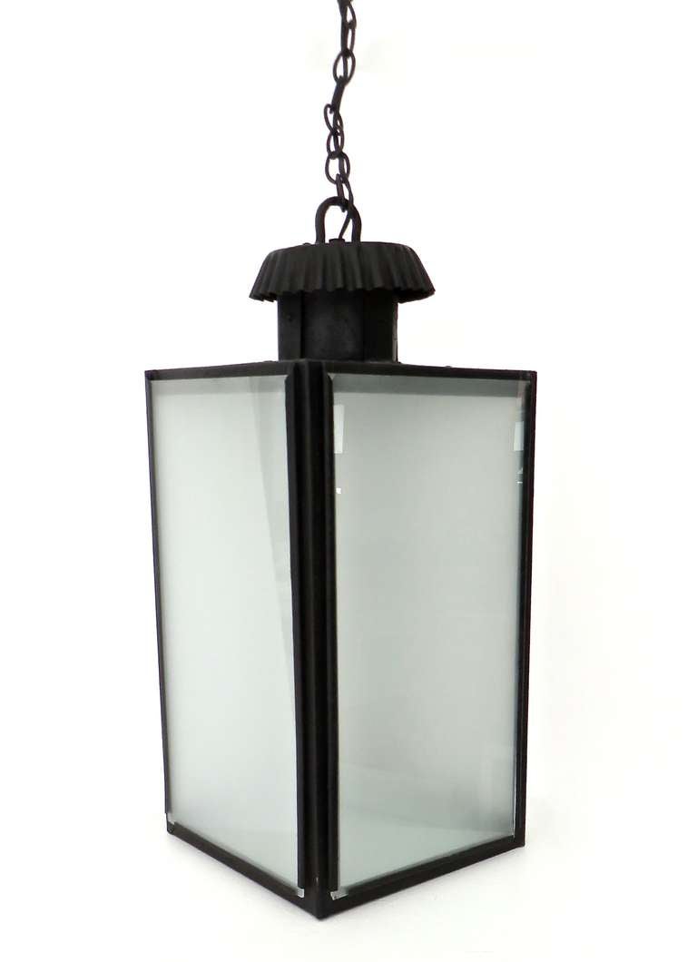 A chandelier in the form of a lantern, France c 1940. New frosted glass, single light source. Indoor or outdoor fixture.