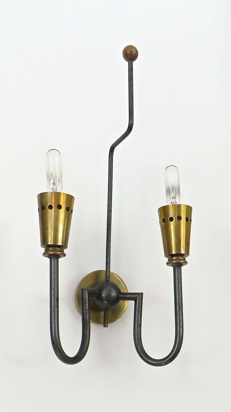 Mid-Century Modern French Two Light Canon Finish and Brass Small Sconce