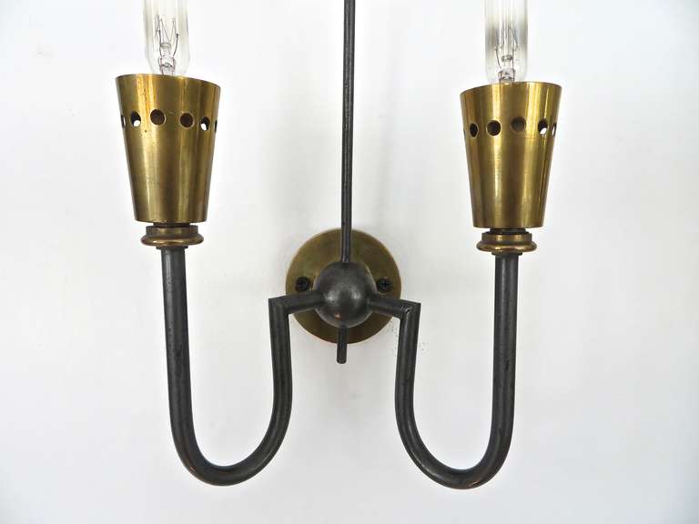 Mid-20th Century French Two Light Canon Finish and Brass Small Sconce