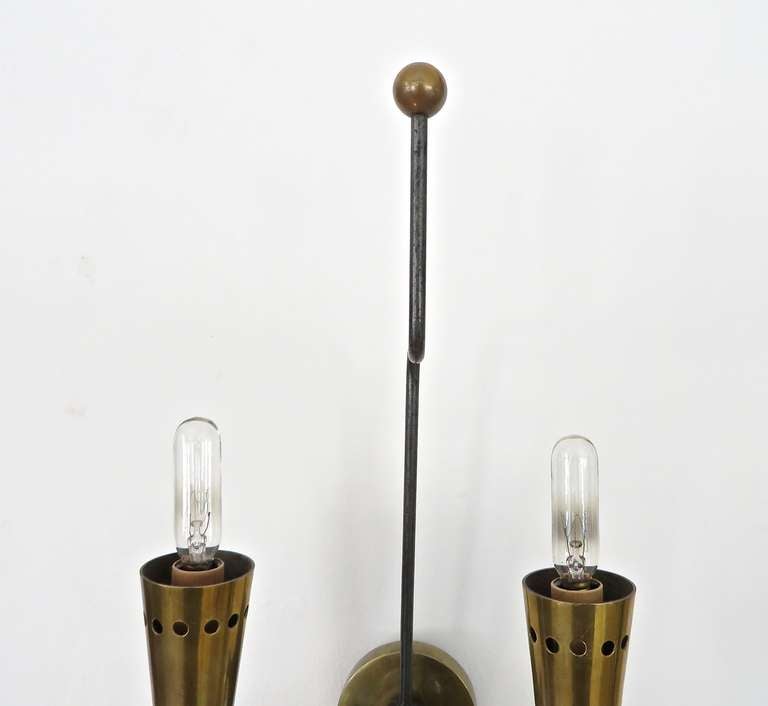 French Two Light Canon Finish and Brass Small Sconce In Good Condition In Chicago, IL
