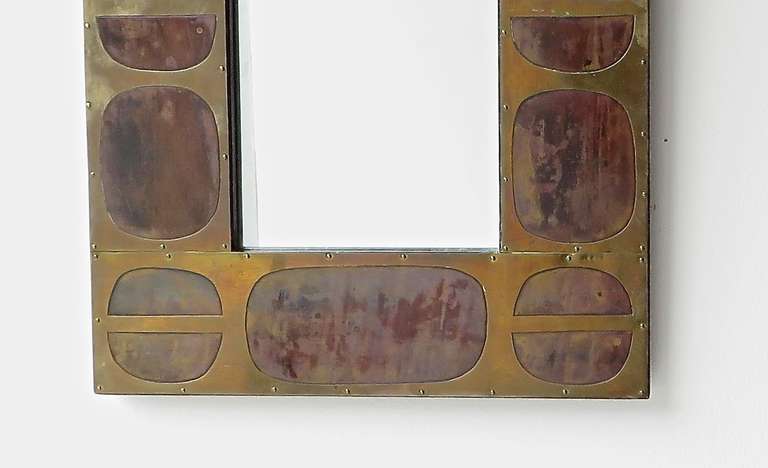 Mid-20th Century French Brass Patinated Mosaic Mirror by Blazy