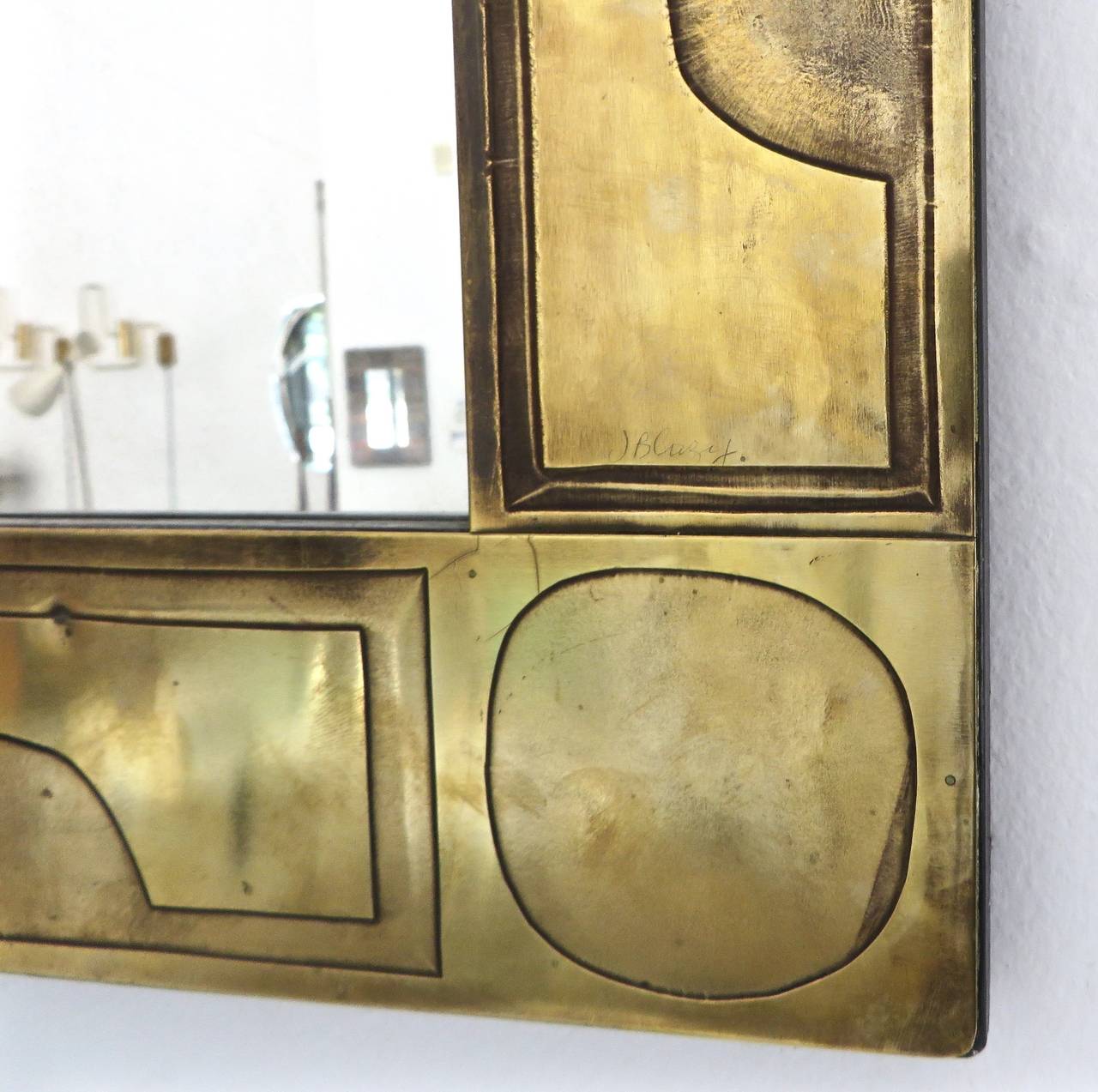 French Brass Etched Mosaic Mirror by J. Blazy 1