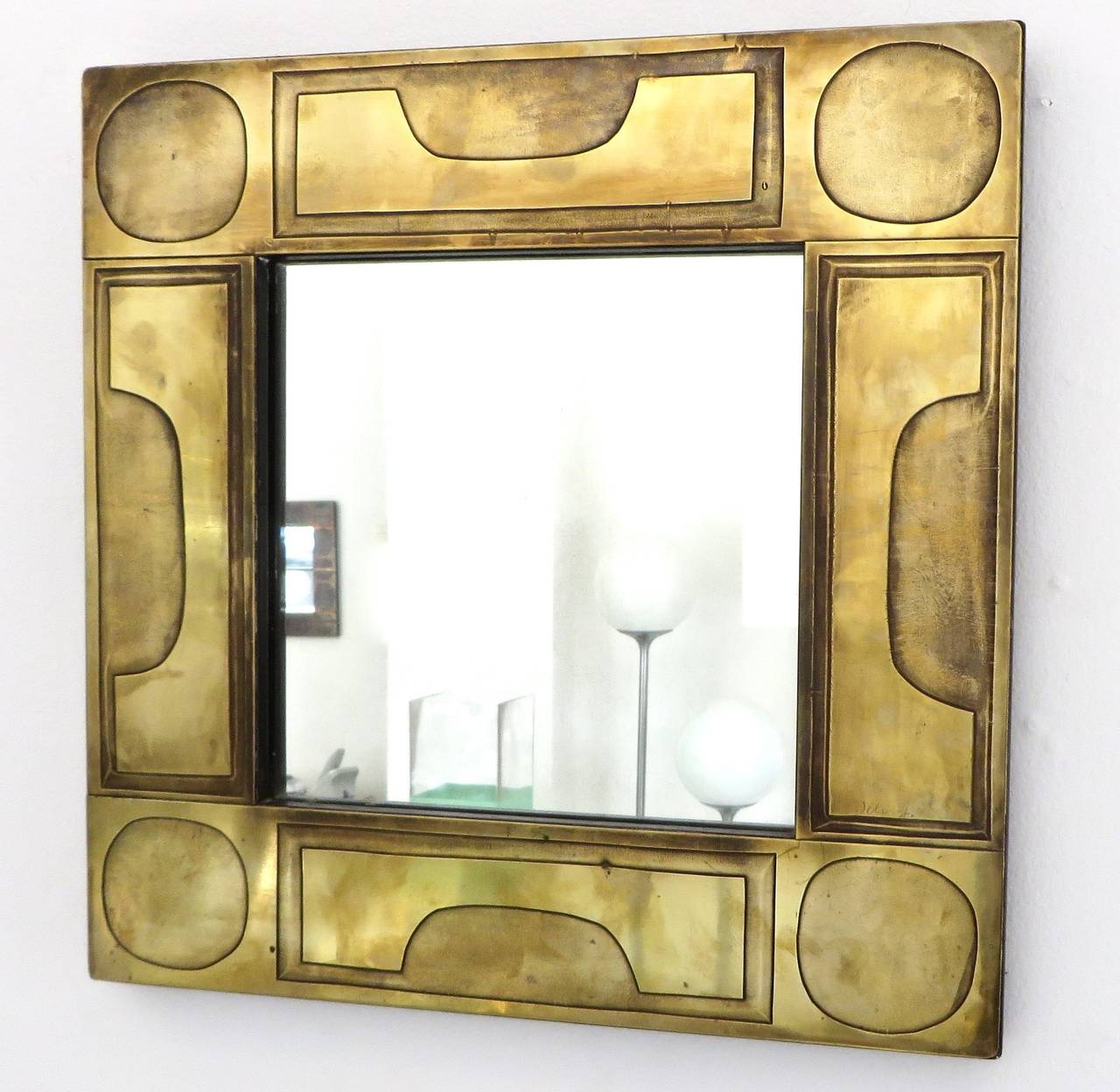 Modern French Brass Etched Mosaic Mirror by J. Blazy