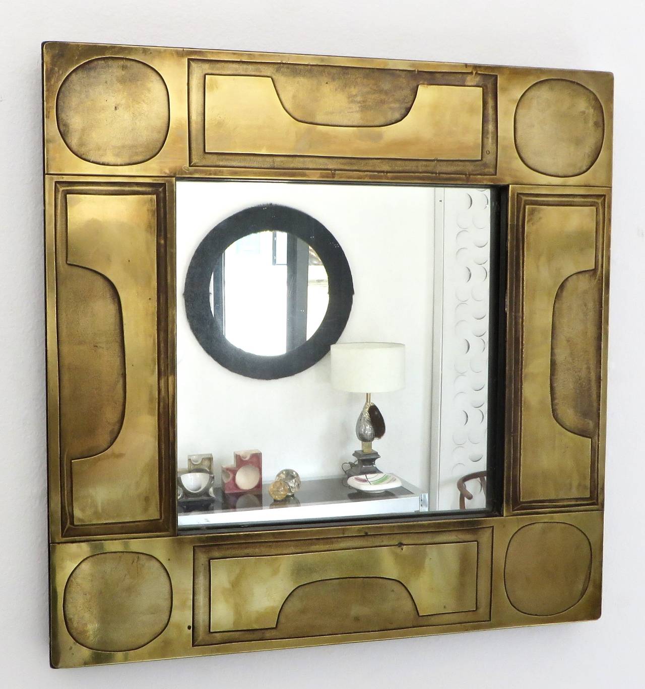 Mid-20th Century French Brass Etched Mosaic Mirror by J. Blazy