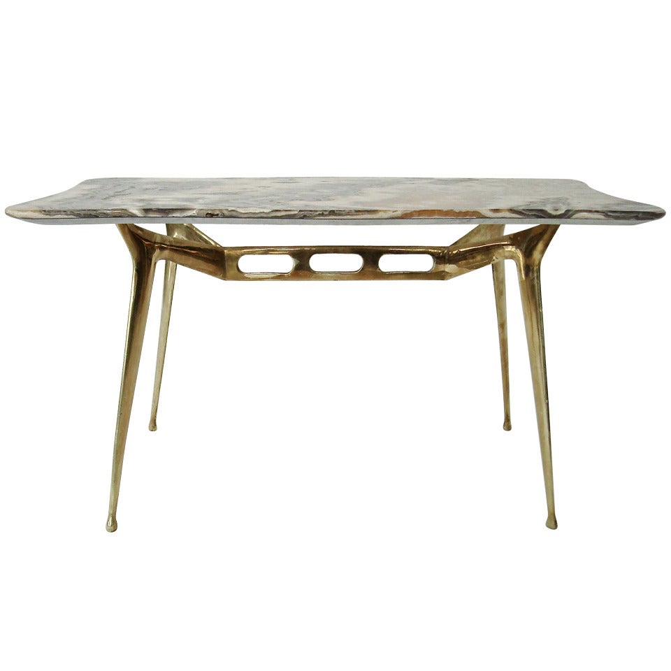 Italian Coffee Table with Brass Base and Onyx Top by Cesare Lacca