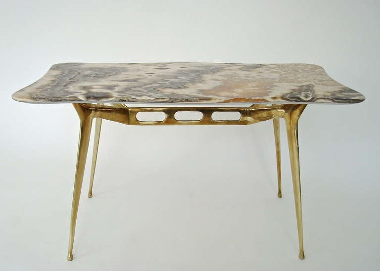 Mid-Century Modern Italian Coffee Table with Brass Base and Onyx Top by Cesare Lacca
