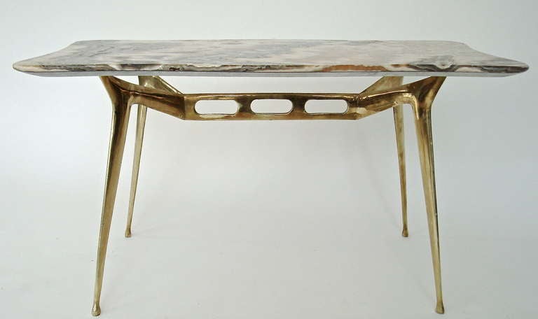 Italian Coffee Table with Brass Base and Onyx Top by Cesare Lacca