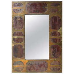 French Brass Patinated Mosaic Mirror by Blazy