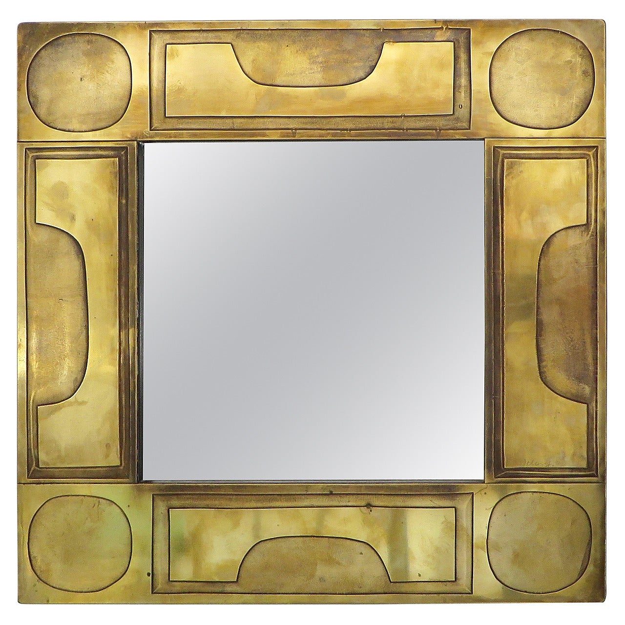 French Brass Etched Mosaic Mirror by J. Blazy